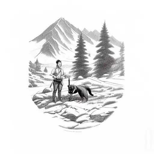 Hunter Standing Holding A Shot Gun Along With His Dog In A Coffee Estate Looking At Mountain Scene
