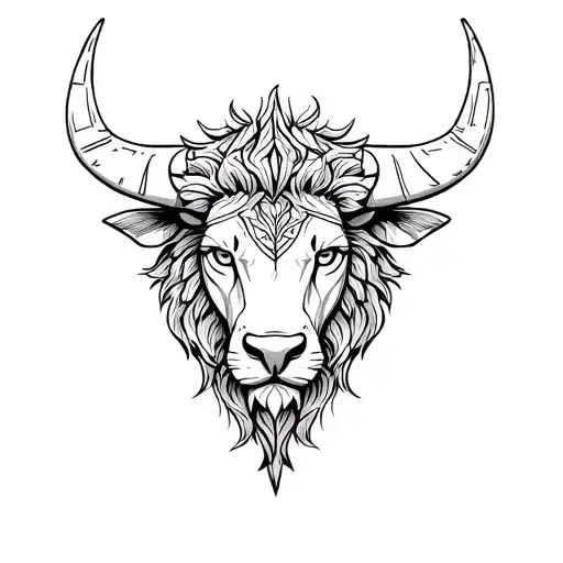 Bull Head And Lion Head Merged As A Mandala In The Greek Stem