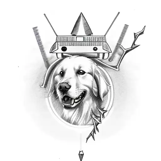 Golden Retriever With Its Head Out Of A Delorean Going Backwards With A Thorn Crown