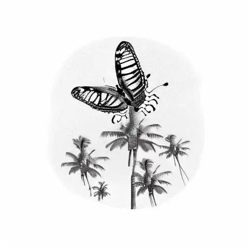 Butterfly Flying Next Palm Tree N A Small Hill