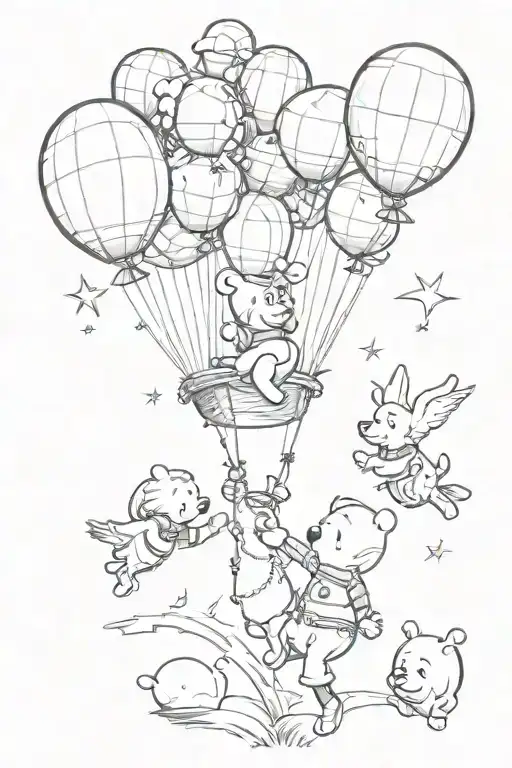 Little Prince Flying Holding Onto Birds Next To Winnie The Pooh Flying Holding Onto A Balloon