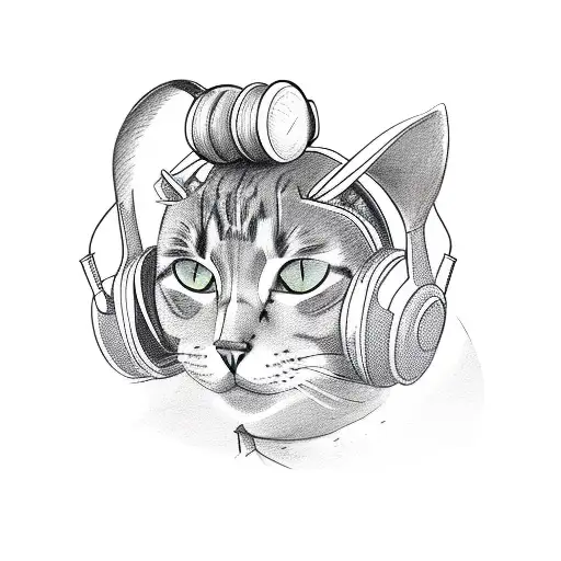 A Sketch-style Design Of A Cat Wearing Headphones And Listening To Music
