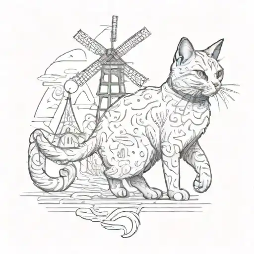 A Traditional Tejada's Cat From Cali Walking Towards A Dutch Windmil