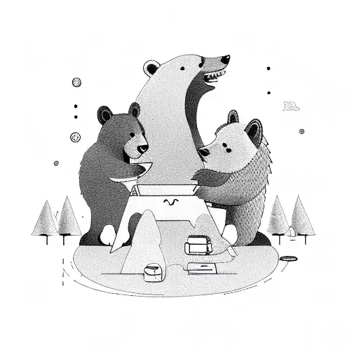 A Whimsical Illustration Of A Bear And A Wolf Playing Together In A Computer-generated Landscape