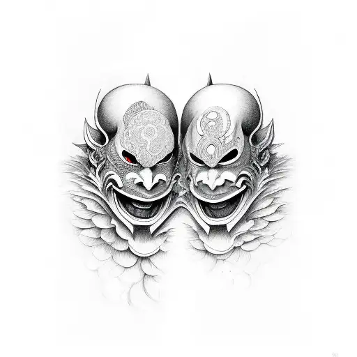 Twin Japanese Masques Representing Good And Evil