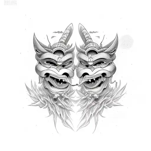 Twin Japanese Masks Representing Good And Evil
