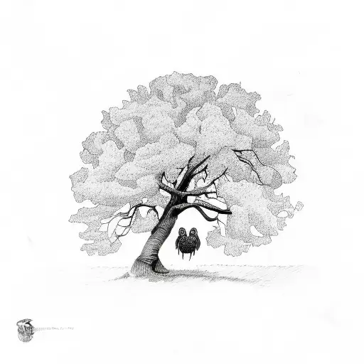 Pecan Tree With Owl On Branch Colorful