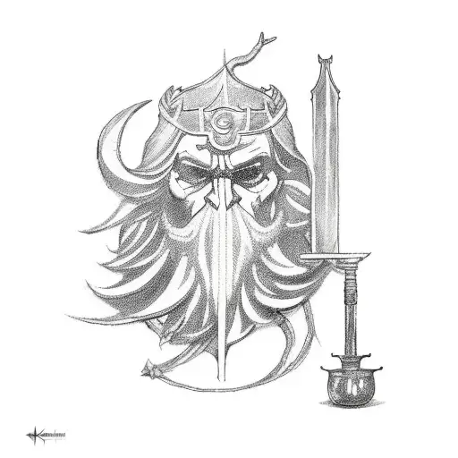 A Majestic Blackwork Tattoo Of A Norse God Wielding A Chemical Flask As A Weapon