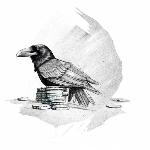 A Sketch-style Illustration Of A Raven Perched On A Pile Of Money