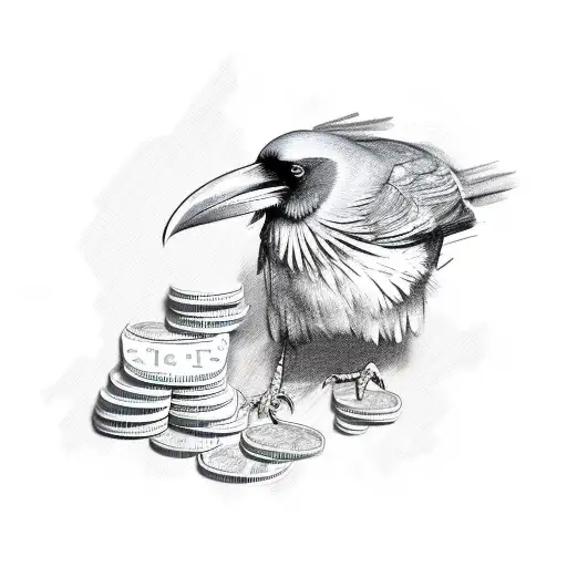 A Sketch-style Illustration Of A Raven Perched On A Pile Of Money