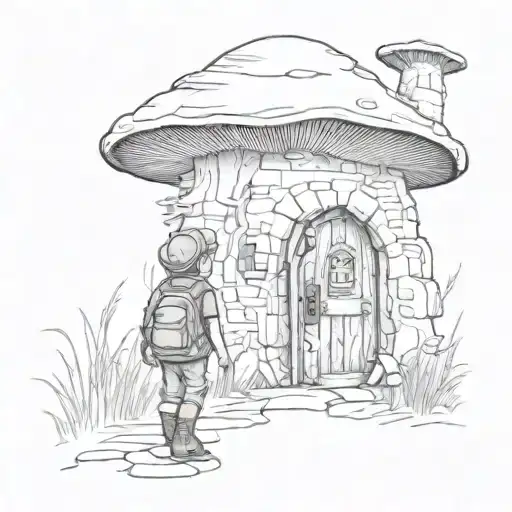 Little Boy In Khaki Walking Through A Olden Doorway Into A Mushroom Fantasy Land