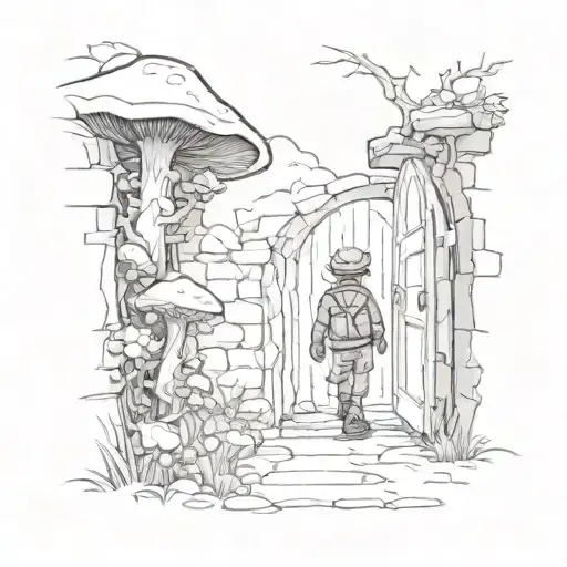 Little Boy In Khaki Walking Through A Olden Doorway That Is Open Into A Mushroom Fantasy Land