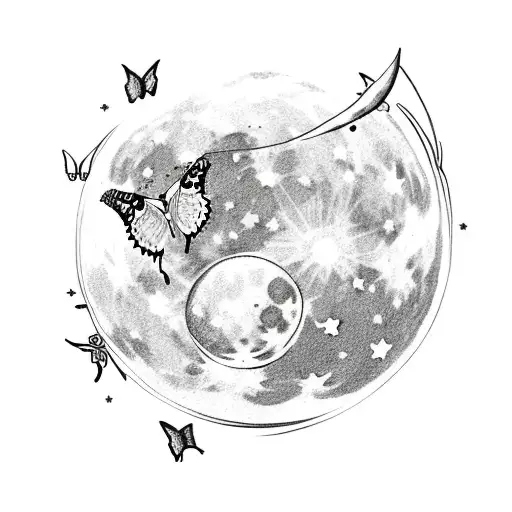 Moon With Butterfly And Stars With Rose And Rocket Going Around Moon