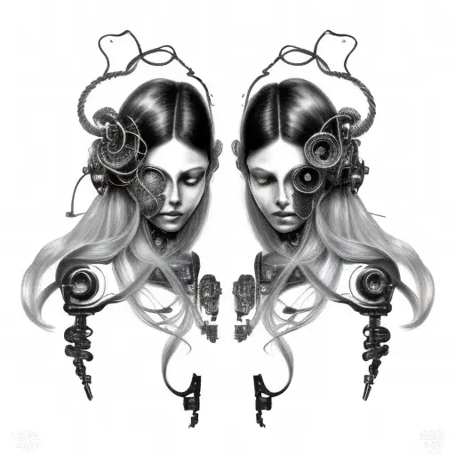 Cyborg Gemini Sisters Hair Tangled Together Conjoined Calm Faces Slight Smile Wide Composition