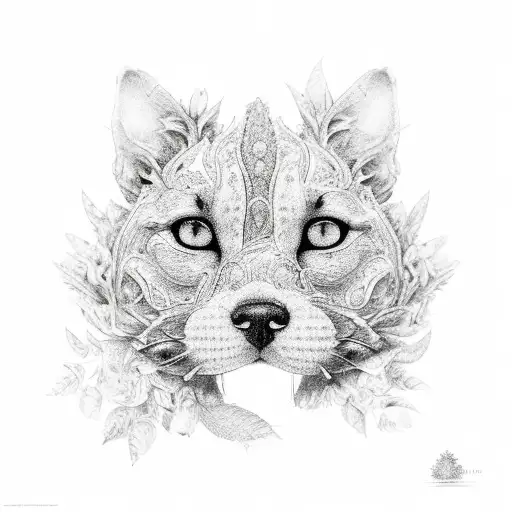A Realistic Black And Grey Paw Print Surrounded By Intricate Botanical Elements