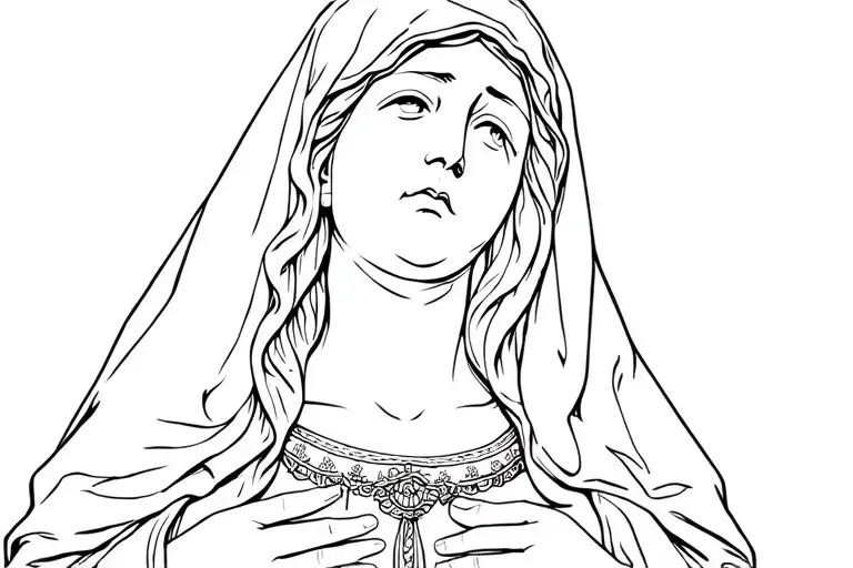 Realistic Virgin Mary With Robe Covering Head And Is Looking Up Crying