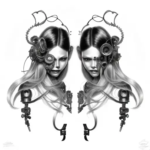 Cyborg Gemini Sisters Hair Tangled Together Conjoined Mischievous Smile Wide Composition