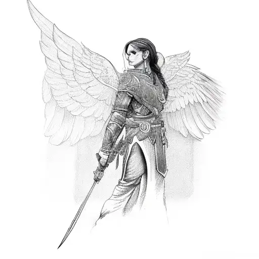 Side View Of Woman Warrior With Wings