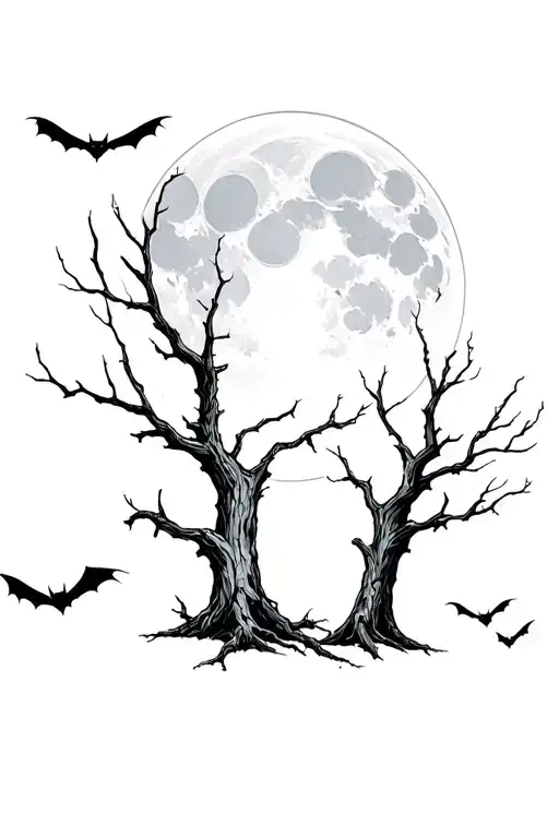 Two Dead Trees With A Moon In The Background And Bats