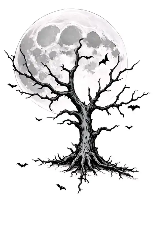 Dead Tree With A Moon In The Background And 7 Bats