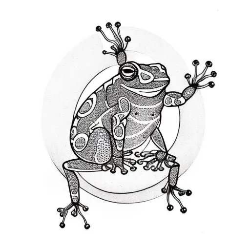 A Unique Blackwork Tattoo Featuring A Tribal Frog Surrounded By Electronic Circuitry