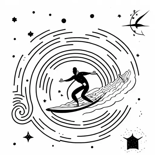 A Minimalist Tattoo Of A Surfer Riding A Cosmic Wave In Outer Space