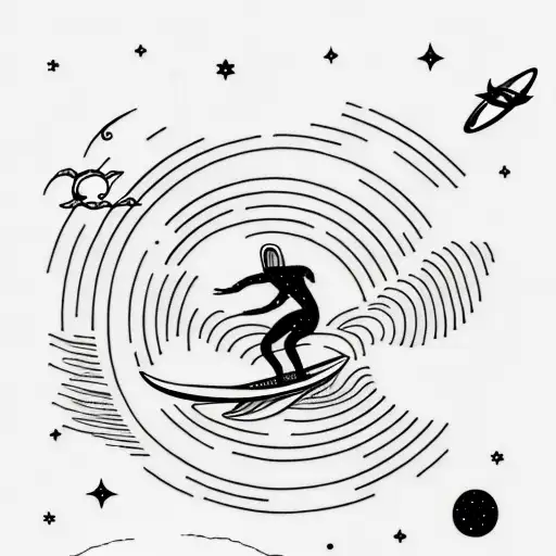 A Minimalist Tattoo Of A Surfer Riding A Cosmic Wave In Outer Space