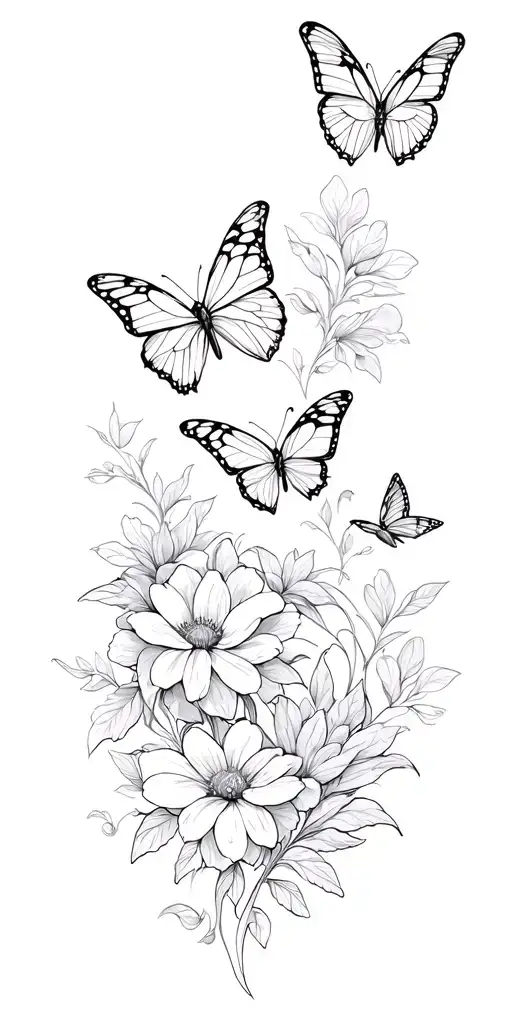 4 Butterflies Flying W Flowers Intertwined