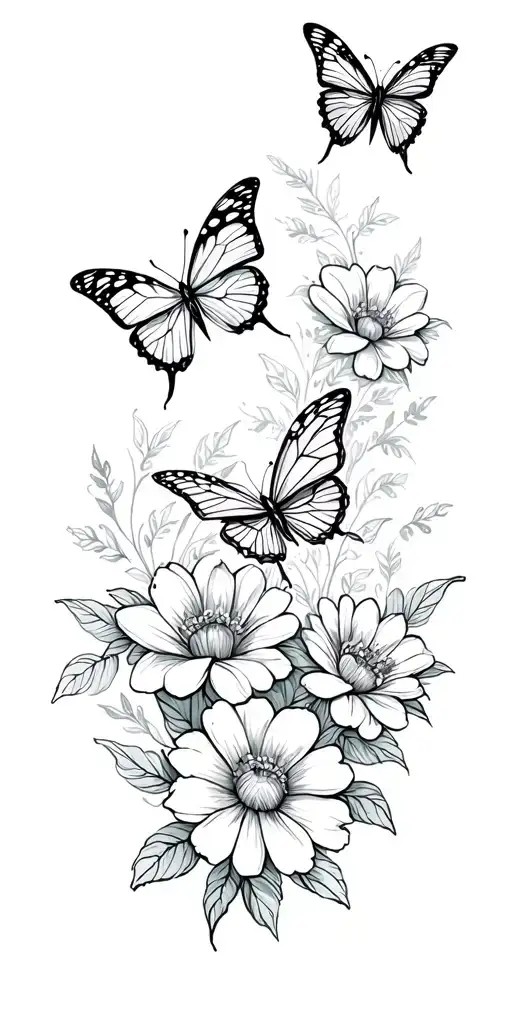 4 Butterflies Flying W Flowers Intertwined