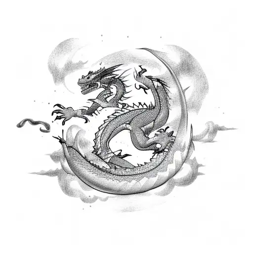 Dragon Flying Vertically Above 3 Stars And 3 Mountains