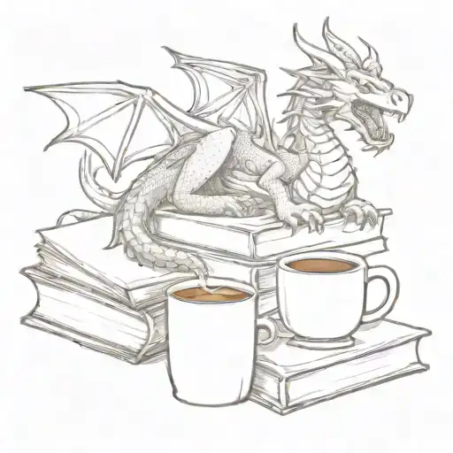 A Sketch Of A Dragon Curled Around A Stack Of Books With A Coffee Mug On Top