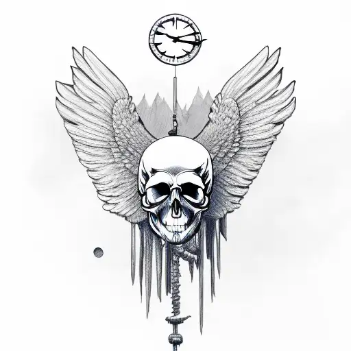 Wings Skull Clock Mountains