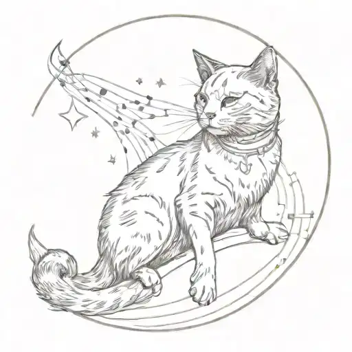 A Sketch Of A Cat Sitting On A Crescent Moon With Music Notes In The Background