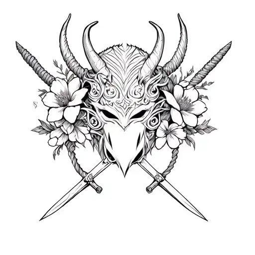 Demon Mask With Swords And Flowers With A Rope