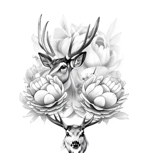 Mule Deer Antlers With Peonies Flowers