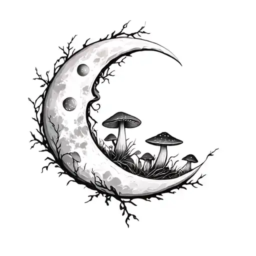 Cresent Moon With Vines Around It And Various Of Mushrooms In It