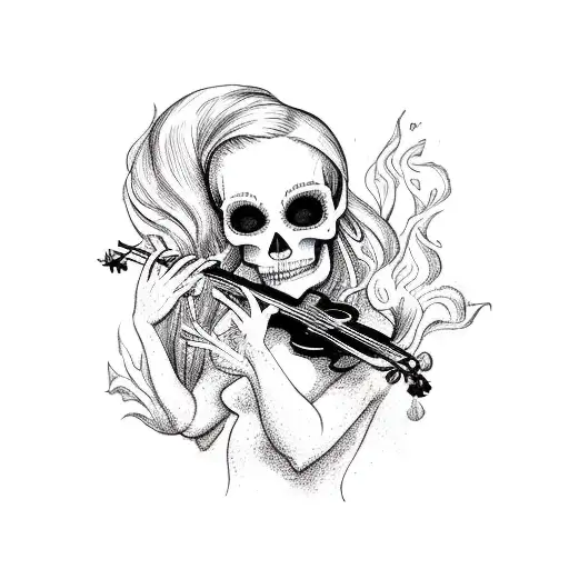 A Mermaid Playing A Violin With A Skull And Fire In The Background