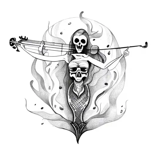 A Mermaid Playing A Violin With A Skull And Fire In The Background