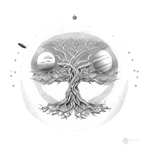 A Family Tree With Roots Intertwining With The Solar System