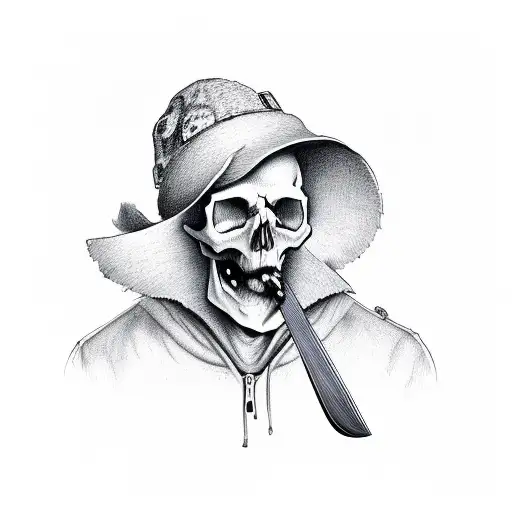 Skull In A Hat With A Knife In His Mouth
