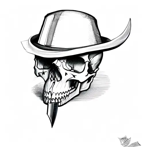 Skull In A Hat With A Knife In His Mouth