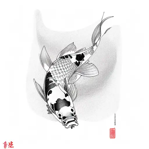 Koi Fish With Lily Flowers And Glycine Around