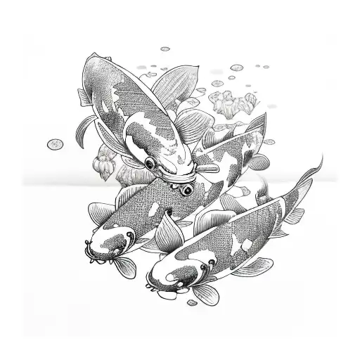 Koi Fish With Lily Flowers