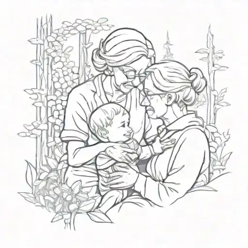 A Tattoo Design Featuring A Grandmother Bonding With Her Grandchild In A Forest Setting