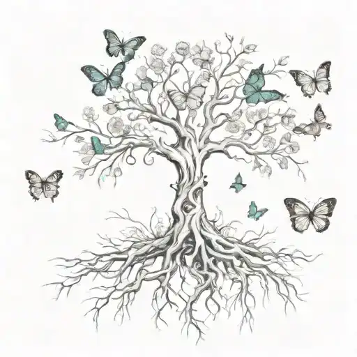 Tree With Roots And Butterflies Around It And A Cross With Flowers