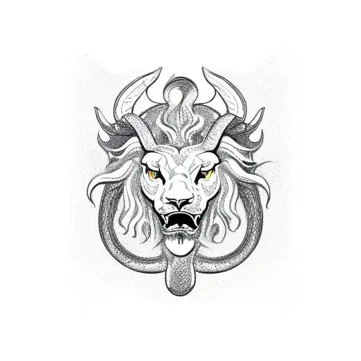 Frontal View Of Horned And Winged Lion With Rattlesnake As A Tail