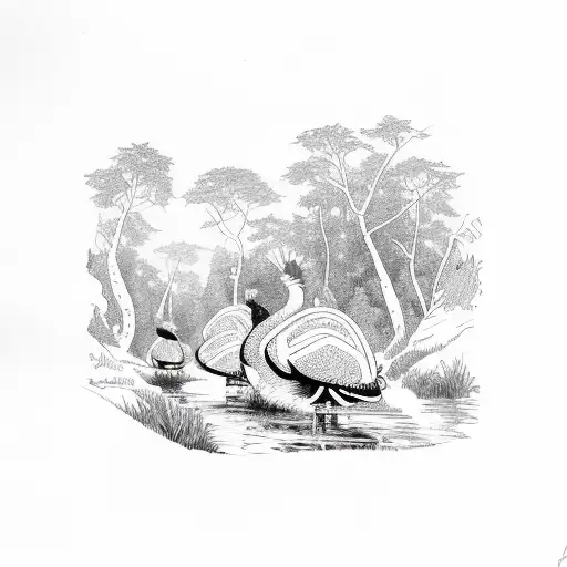 A Group Of Turkeys Camouflaged In A Dense Forest With A River In The Background