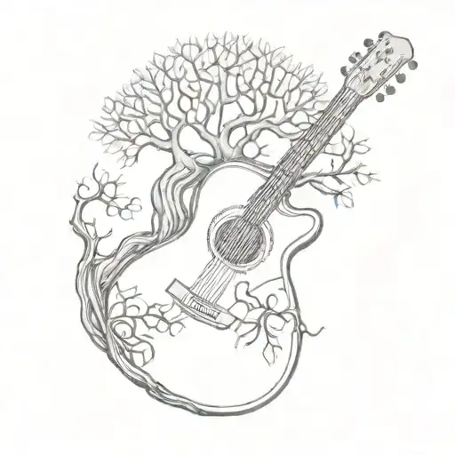 A Sketch Style Design Of A Guitar Morphing Into A Tree Of Life