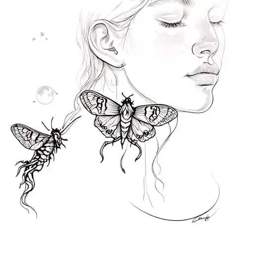 A Moth On A Womens Neck Tattoo With A Moon Rising