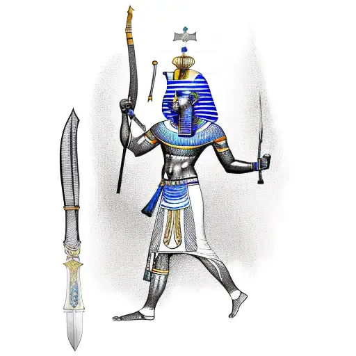 A Depiction Of An Egyptian God With A Sword And Dagger In A Sketch Style
